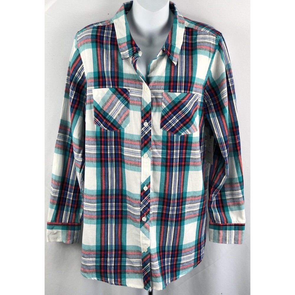 NWT Terra & Sky Button Up Shirt Top 14W Wht/Aqua Plaid Pockets LongSleeve